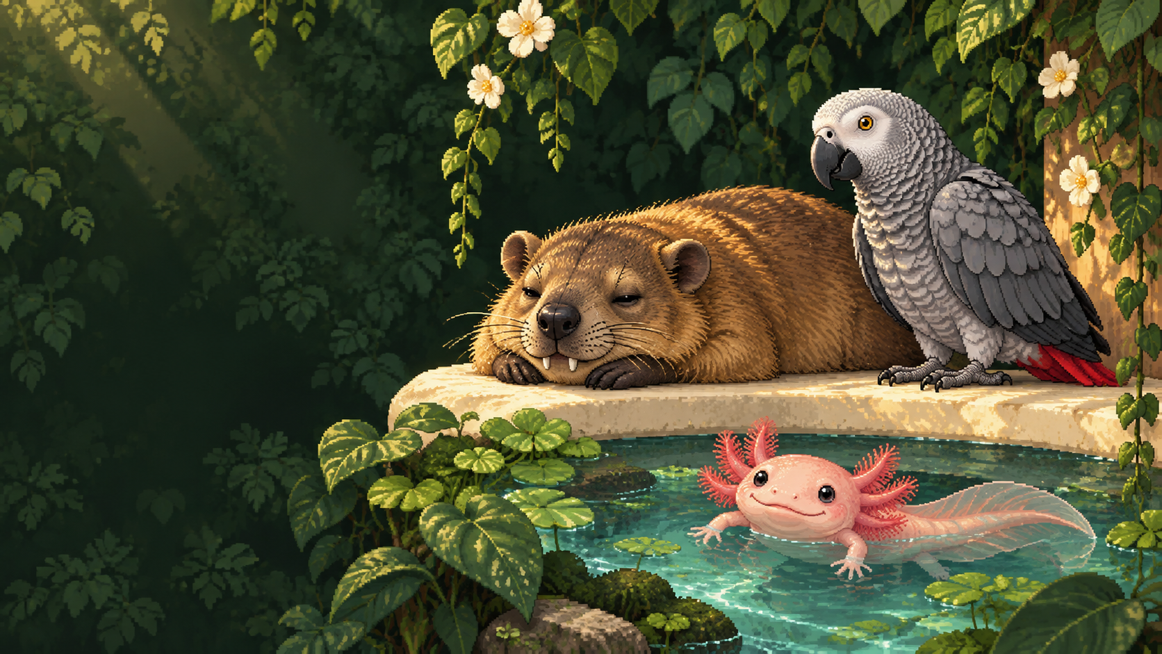 Illustration of a sleepy hyrax, an African grey parrot and an axolotl in a leafy little world