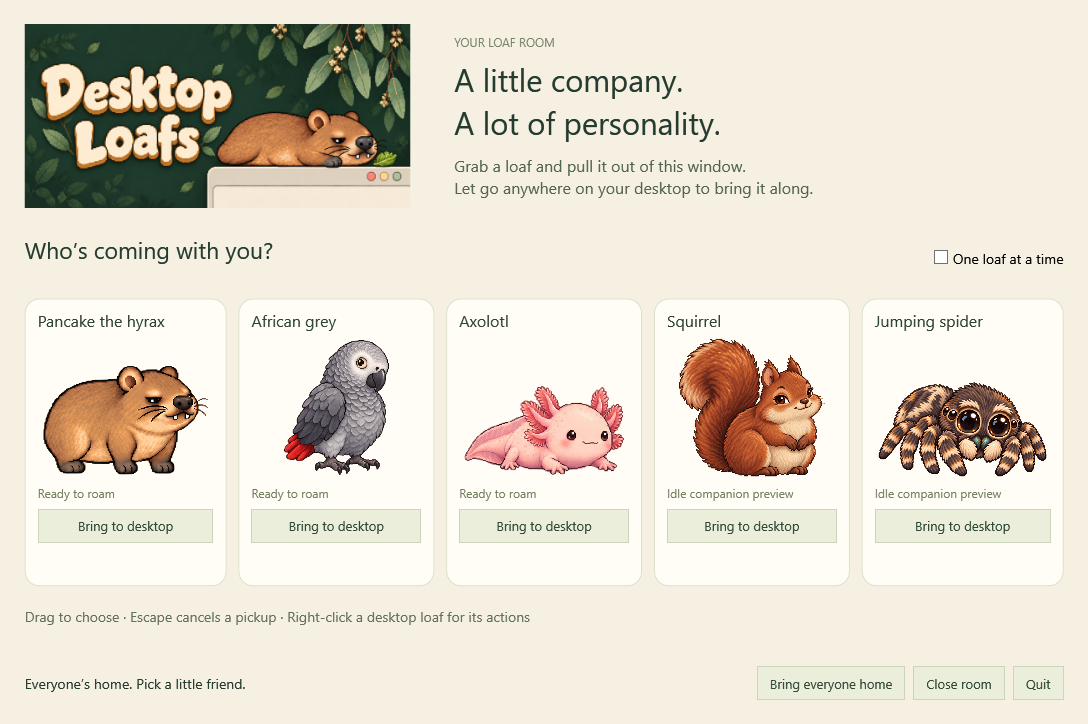 The Desktop Loafs selection room with five animal companions and Bring to desktop buttons